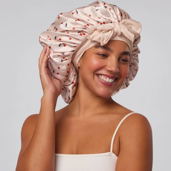Adjustable Oversized Satin Bonnet - Cherry Print